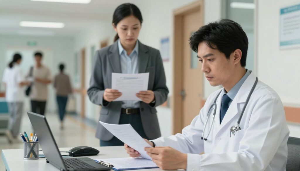 A split scene illustrating the contrast between a hospital employee on a contract versus one on a permanent staff position. In the foreground, a doctor in a crisp white coat seated at a desk, analyzing a chart with a serious expression, symbolizes stability and security. In the middle, another doctor in casual business attire stands in a hallway, reviewing an offer letter, representing uncertainty. The background features a bustling hospital corridor with blurred figures of staff and patients, emphasizing the dynamic environment of healthcare. Soft, natural lighting creates a professional, thoughtful atmosphere, while a shallow depth of field keeps the focus on the two doctors and their differing contexts. The overall mood is contemplative, highlighting the decisions faced by medical professionals.