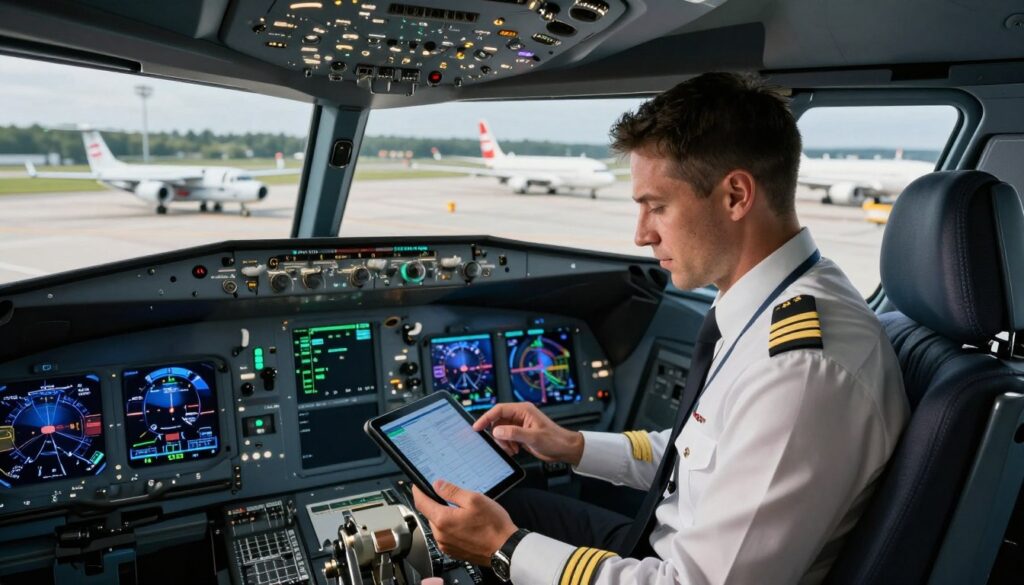 A split-scene image showcasing pilots and their diverse working environments, emphasizing salary differences between Poland and abroad. In the foreground, depict a Polish pilot in professional attire, confidently analyzing flight data on a tablet, surrounded by aircraft components. In the middle ground, feature a modern cockpit with advanced avionics, highlighting the pilot's focus and professionalism. In the background, illustrate contrasting landscapes: on one side, a scenic view of a Polish airport with regional aircraft, and on the other, a bustling international airport with larger airlines and diverse aircraft. Soft, ambient lighting creates a serious yet optimistic atmosphere, with a slight focus on the pilots’ expressions of determination and ambition, underscoring the theme of salary potential in the aviation industry. A split-scene image showcasing pilots and their diverse working environments, emphasizing salary differences between Poland and abroad. In the foreground, depict a Polish pilot in professional attire, confidently analyzing flight data on a tablet, surrounded by aircraft components. In the middle ground, feature a modern cockpit with advanced avionics, highlighting the pilot's focus and professionalism. In the background, illustrate contrasting landscapes: on one side, a scenic view of a Polish airport with regional aircraft, and on the other, a bustling international airport with larger airlines and diverse aircraft. Soft, ambient lighting creates a serious yet optimistic atmosphere, with a slight focus on the pilots’ expressions of determination and ambition, underscoring the theme of salary potential in the aviation industry.