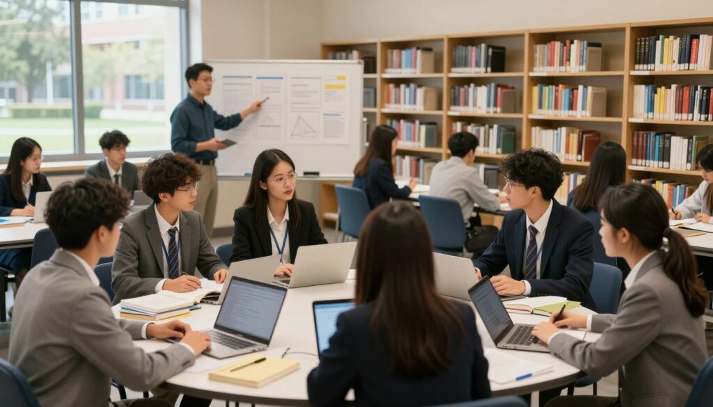 A university classroom bustling with activity from Monday to Friday, showcasing students engaged in various study sessions. In the foreground, a diverse group of students in professional business attire collaborates around a large table strewn with textbooks and laptops, deep in discussion. The middle ground features a teacher or lecturer presenting information on a whiteboard, with eager students taking notes. In the background, rows of bookshelves filled with academic texts and charts illuminate the academic atmosphere. Soft, warm lighting enhances the focus on interactions, while large windows provide a glimpse of a sunny campus outside, creating an inviting and productive learning environment. A university classroom bustling with activity from Monday to Friday, showcasing students engaged in various study sessions. In the foreground, a diverse group of students in professional business attire collaborates around a large table strewn with textbooks and laptops, deep in discussion. The middle ground features a teacher or lecturer presenting information on a whiteboard, with eager students taking notes. In the background, rows of bookshelves filled with academic texts and charts illuminate the academic atmosphere. Soft, warm lighting enhances the focus on interactions, while large windows provide a glimpse of a sunny campus outside, creating an inviting and productive learning environment.