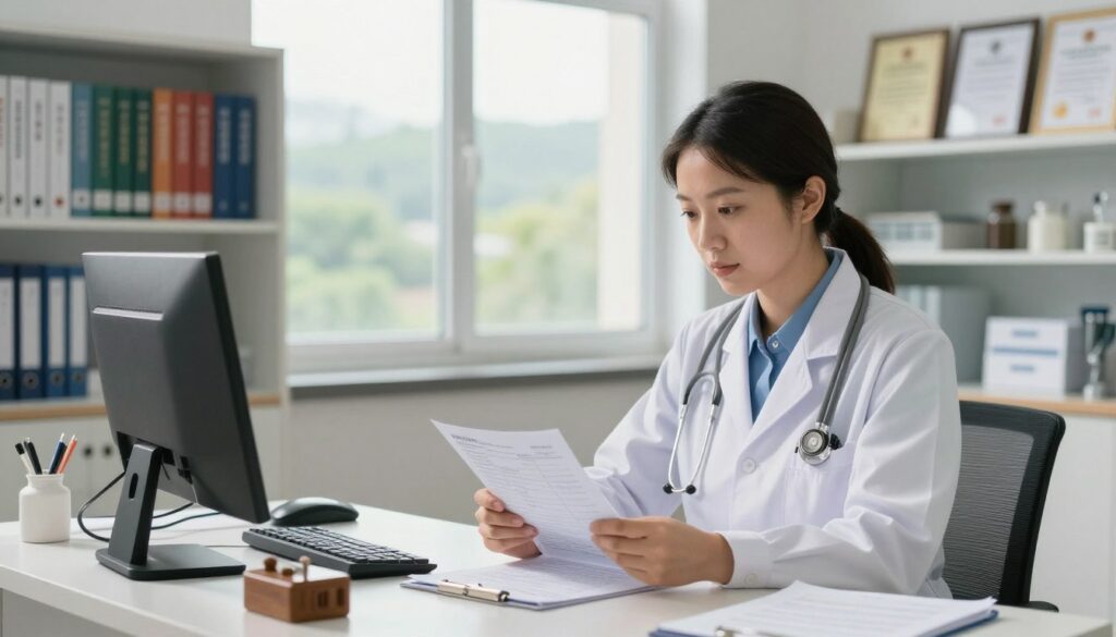 A veterinary inspection scene in a bright, modern office environment. In the foreground, a veterinarian in professional attire, examining animal health records on a desk, surrounded by various veterinary tools and documents. The middle ground features a large window showcasing a green landscape, symbolizing public health and safety, with a light streaming in, creating a warm and professional atmosphere. In the background, shelves filled with veterinary manuals and framed certificates convey a sense of authority and expertise in veterinary inspection. The overall mood is one of diligence and commitment to animal welfare, underlining a career path beyond just clinical practice. The image should be well-lit, capturing details carefully, with a focus on professionalism and veterinary ethics.