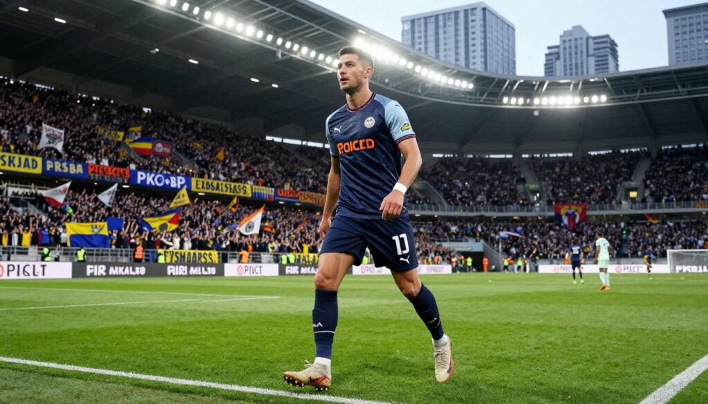 A vibrant and dynamic scene showcasing a professional footballer in action on a lush green pitch during a high-stakes match in the PKO BP Ekstraklasa. In the foreground, the player wears a sleek, modern team kit, showcasing the latest sports technology and design. His expression is focused and determined, emphasizing the competitive spirit of top-level football. The middle ground reveals an enthusiastic crowd in the stands, waving banners and wearing team colors, adding excitement to the atmosphere. Bright stadium lights illuminate the scene, casting dramatic shadows. The background features a bustling city skyline, symbolizing the importance of football in modern culture. The mood is intense yet celebratory, reflecting the ambition and prestige associated with top contracts in the league. The image is captured from a low angle, enhancing the player's stature and the lively context around him.