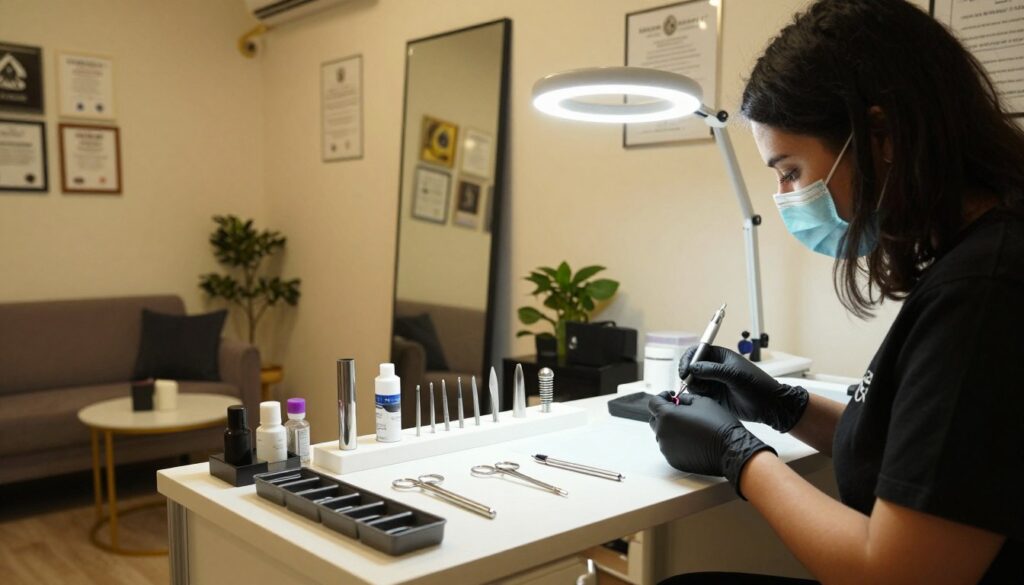 A well-organized piercing studio interior, showcasing a professional piercer preparing a workstation. In the foreground, a sharply focused view of an elegantly designed piercer's table with sterilized tools, displayed in an orderly manner. The piercer, dressed in smart casual attire, wears gloves and is attentively arranging the equipment. In the middle, a large mirror reflects the ambiance of the room, which is softly illuminated by warm, ambient lighting. On the walls, appropriately hung certificates and health compliance posters emphasize professionalism and safety. The background reveals a comfortable seating area for clients, with plants that add a touch of serenity. The overall atmosphere conveys an air of professionalism, safety, and readiness, suitable for potential clients seeking piercing services.