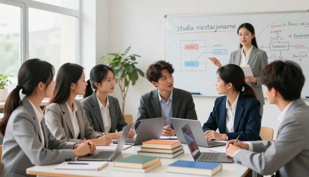 An atmospheric educational setting showcasing the concept of "studia niestacjonarne". In the foreground, a diverse group of students, dressed in professional business attire, are engaged in lively discussions around a table cluttered with books and laptops, symbolizing a flexible study approach. In the middle, two students are attentively listening to a lecturer at a whiteboard filled with diagrams contrasting "studia niestacjonarne" and traditional courses. The background features a modern classroom environment, with large windows allowing natural light to stream in, illuminating the space. Soft focus on the background to emphasize the students and lecturer, creating an ambiance of collaborative learning. Bright, cheerful colors to evoke a sense of motivation and academic pursuit.