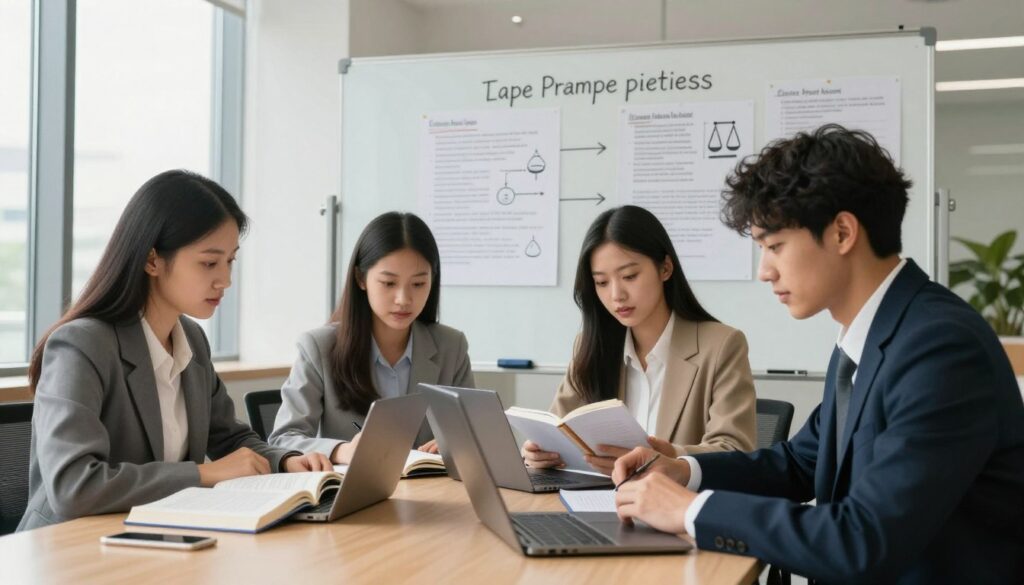 In a modern law office setting, depict a group of four law students engaged in a collaborative study session. In the foreground, focus on a diverse group of two males and two females, all dressed in smart business attire, with open law books and laptops spread on the table. The middle ground showcases a whiteboard filled with legal notes and diagrams highlighting key concepts of the legal apprenticeship process. In the background, large windows let in natural light, creating a warm and inviting atmosphere. The lighting is soft yet bright, illuminating the students' focused expressions as they discuss and work through practical legal scenarios. The overall mood conveys dedication, professionalism, and a sense of teamwork in their journey towards becoming licensed legal advisors. In a modern law office setting, depict a group of four law students engaged in a collaborative study session. In the foreground, focus on a diverse group of two males and two females, all dressed in smart business attire, with open law books and laptops spread on the table. The middle ground showcases a whiteboard filled with legal notes and diagrams highlighting key concepts of the legal apprenticeship process. In the background, large windows let in natural light, creating a warm and inviting atmosphere. The lighting is soft yet bright, illuminating the students' focused expressions as they discuss and work through practical legal scenarios. The overall mood conveys dedication, professionalism, and a sense of teamwork in their journey towards becoming licensed legal advisors.